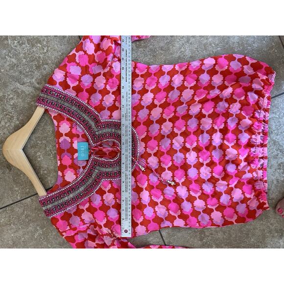 Taj by Sabrina Crippa Beaded Abstract Pink Silk Blouse Top Medium NWOT - Picture 7 of 12
